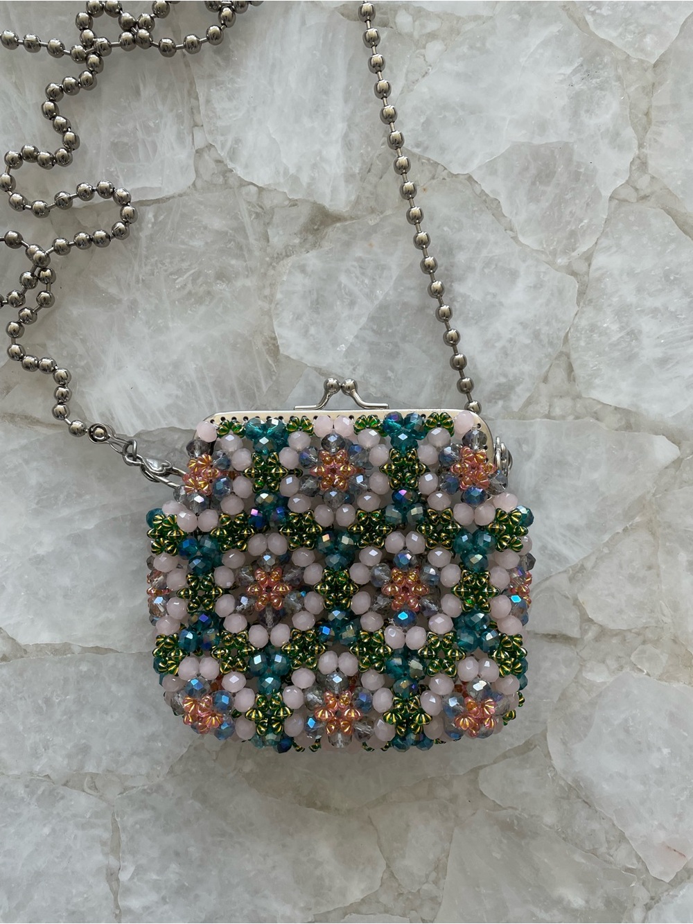 Handcrafted Beaded Floral Crossbody Bag in Pink and Green